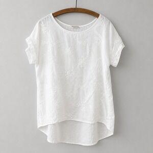 Terzo Millenio Blouse Size L White Linen Embroidered Cottagecore Lagenlook